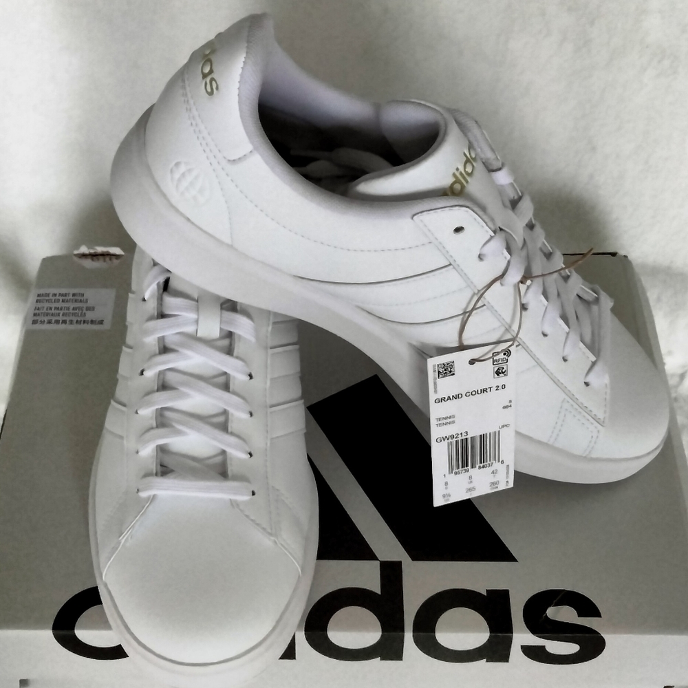 Women's Adidas Grand Court 2.0 White with Gold lettering Sneakers Size 9.5